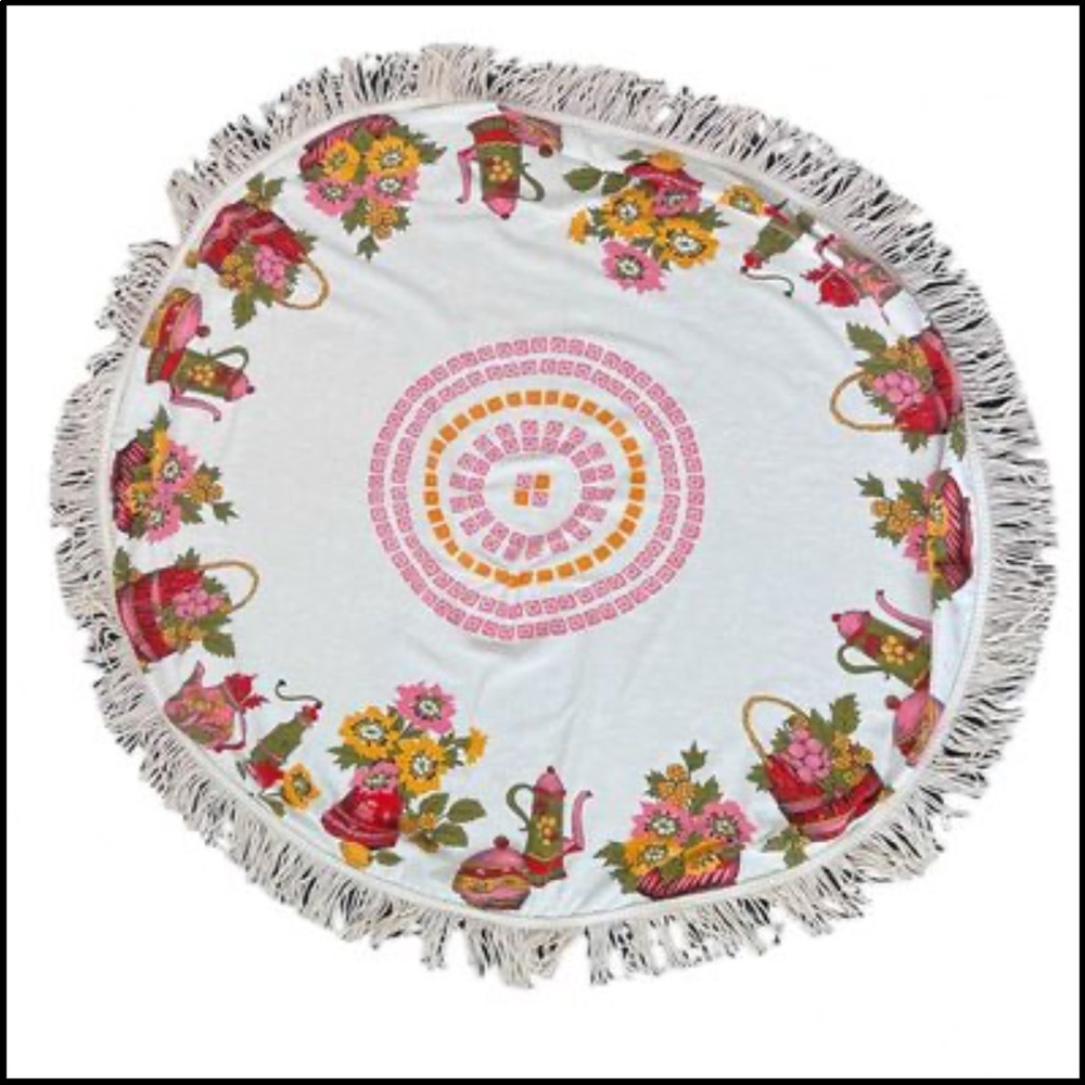 Mid Century Tablecloth ROUND Fringe Tea Pot Kitchen Boho Cottagecore Vintage